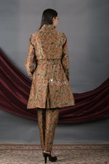 Golden Olive Floral Printed Chanderi Silk Blazer Set - Chinaya Banaras