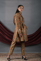 Golden Olive Floral Printed Chanderi Silk Blazer Set - Chinaya Banaras