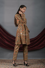 Golden Olive Floral Printed Chanderi Silk Blazer Set - Chinaya Banaras