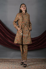 Women In  Olive Floral Printed Chanderi Silk Blazer Set At Chinaya Banaras