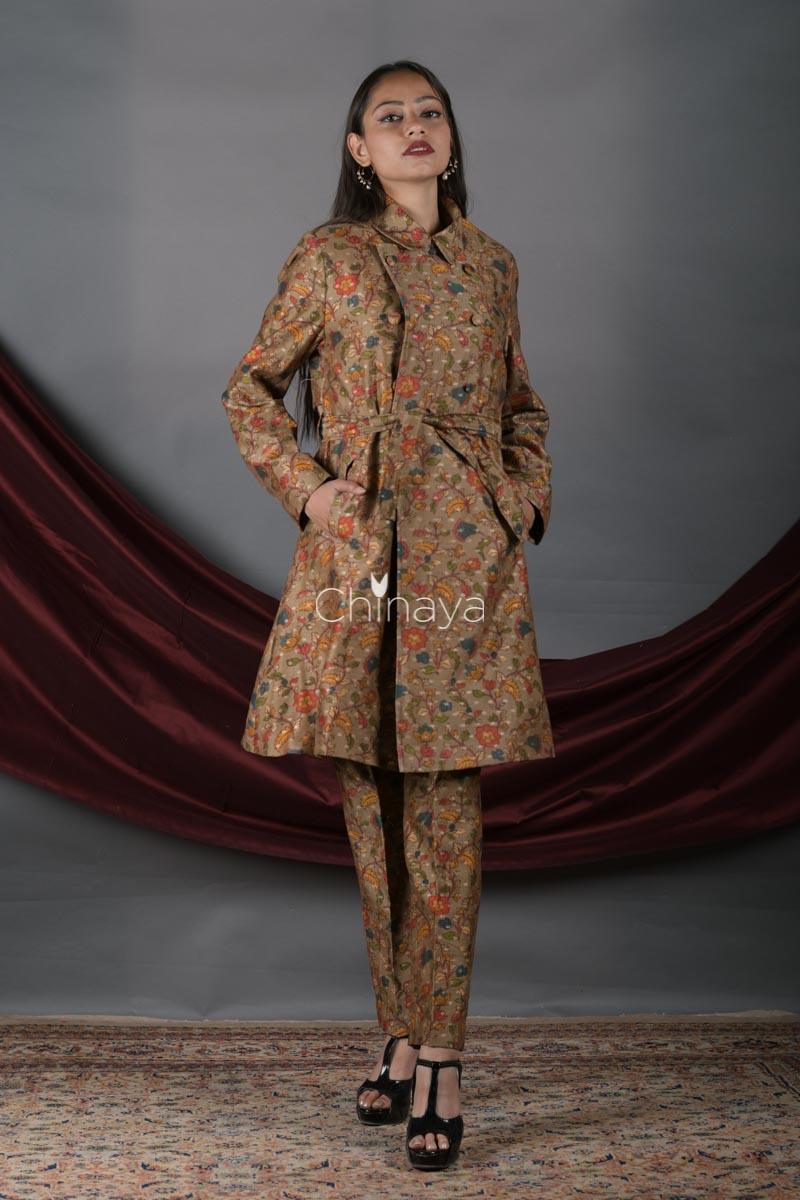 Golden Olive Floral Printed Chanderi Silk Blazer Set - Chinaya Banaras