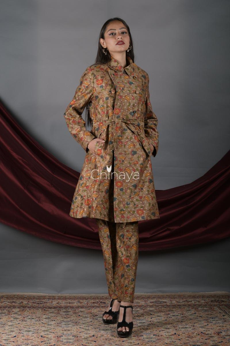 Women In  Olive Floral Printed Chanderi Silk Blazer Set At Chinaya Banaras