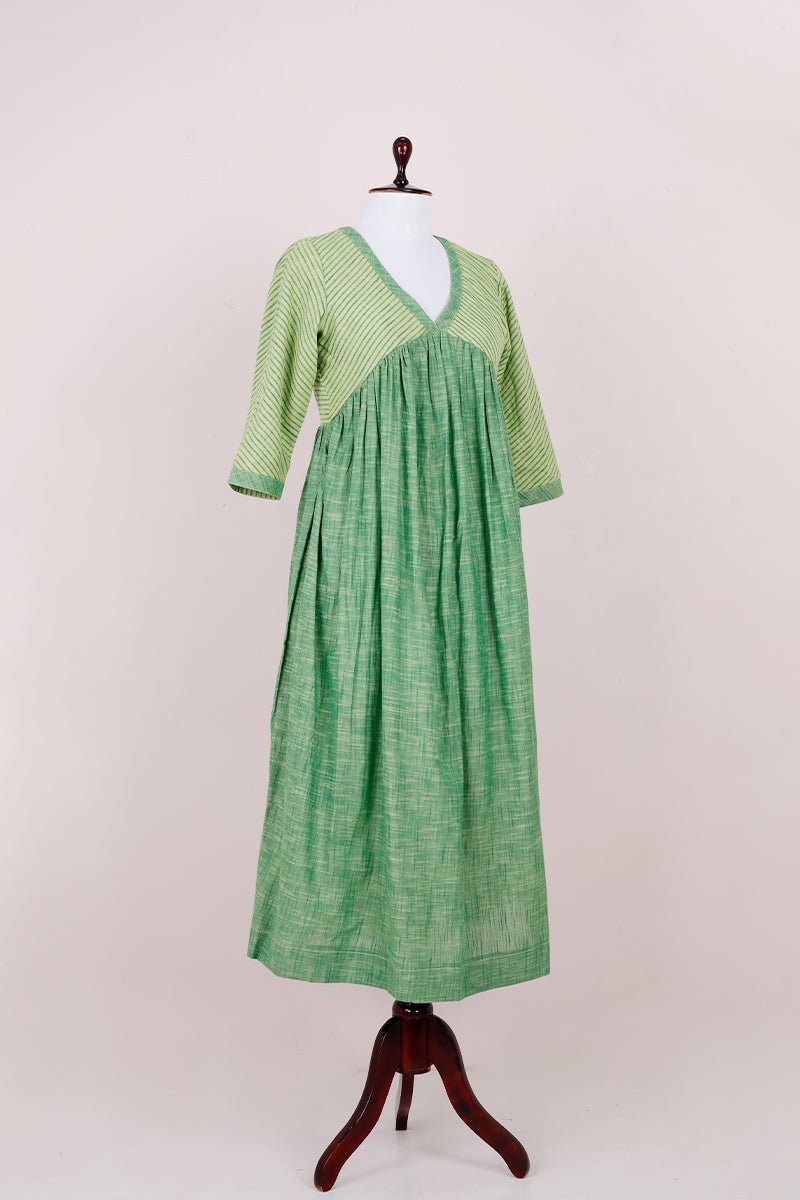 Green Woven Cotton Dress - Chinaya Banaras