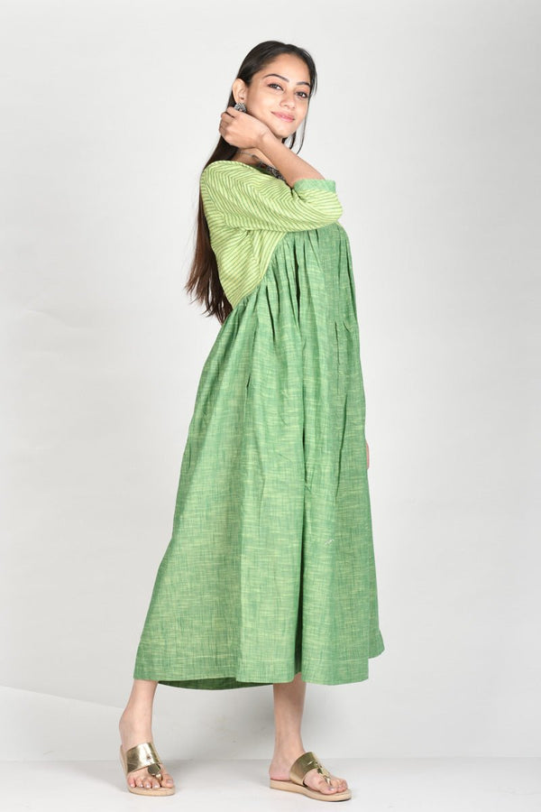 Green Woven Cotton Dress - Chinaya Banaras