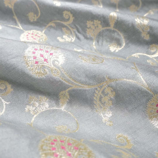 Grey Floral Jaal Mulberry Silk Fabric At Chinaya Banaras