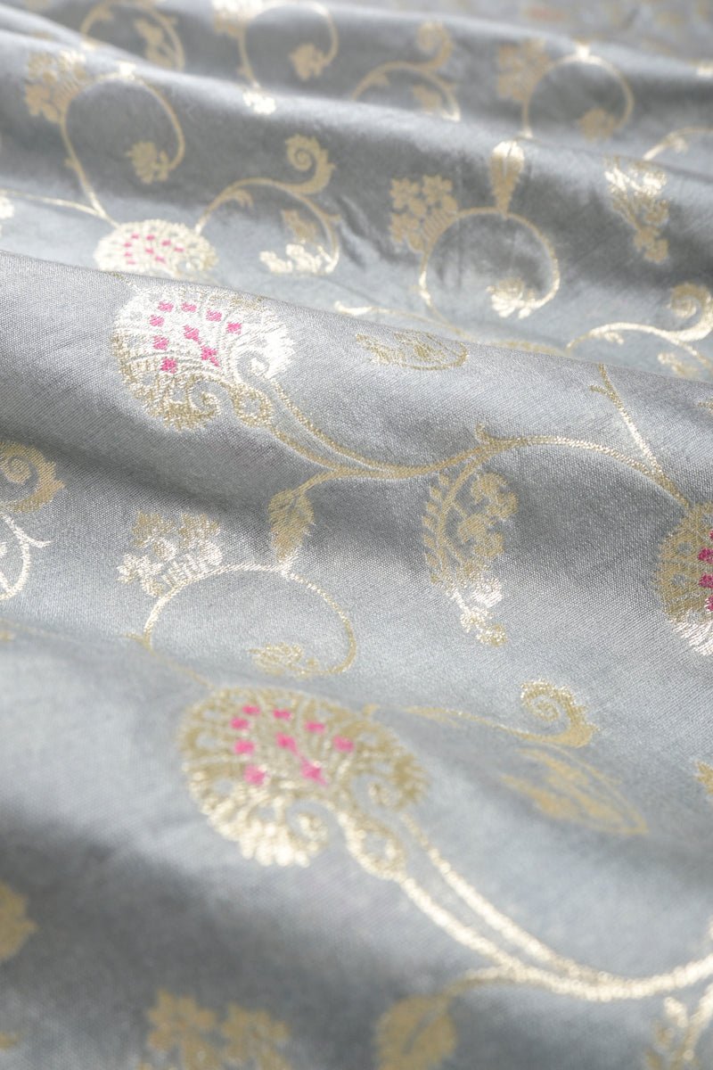 Grey Floral Jaal Mulberry Silk Fabric - Chinaya Banaras