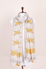 Grey Pichwai Printed Linen Dupatta At  Chinaya Banaras