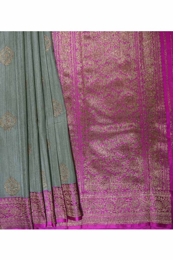 Grey Pink Tussar Silk Saree - Chinaya Banaras