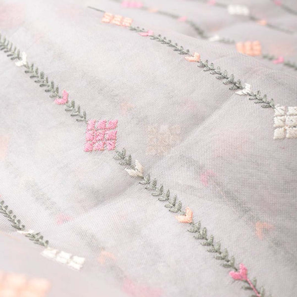 Grey Stripe Embroidered Organza Silk Fabric