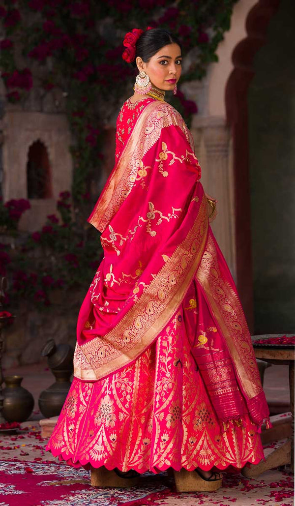 Hot Pink Handwoven Banarasi Silk Lehenga - Chinaya Banaras