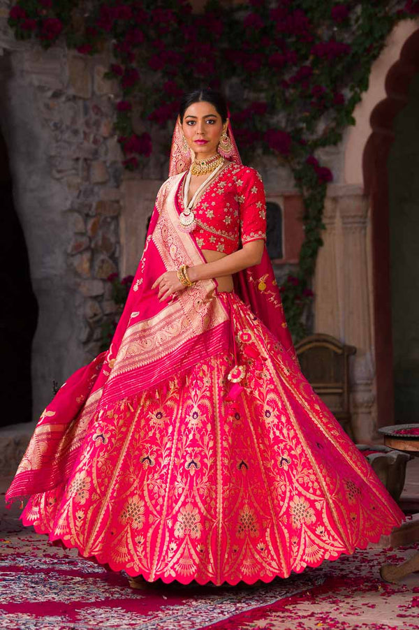 Pink Handwoven Banarasi Silk Lehenga At  Chinaya Banaras