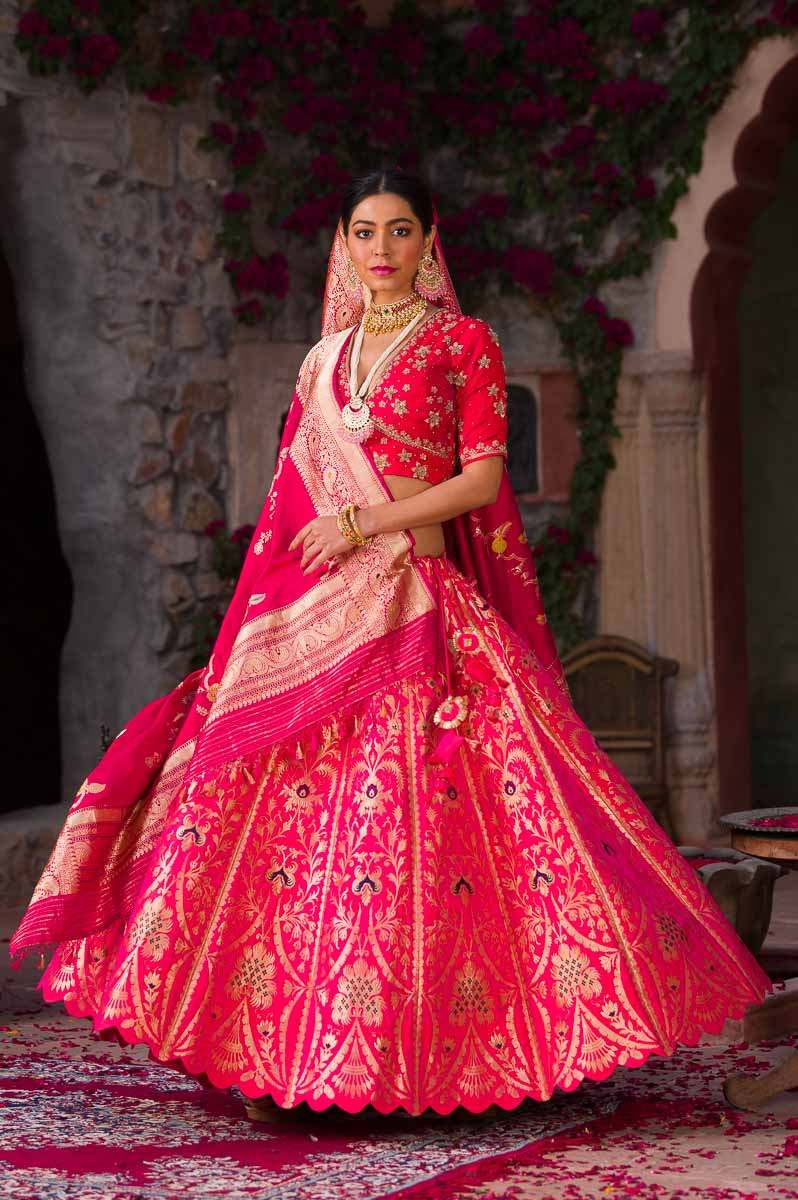 Hot Pink Handwoven Banarasi Silk Lehenga - Chinaya Banaras