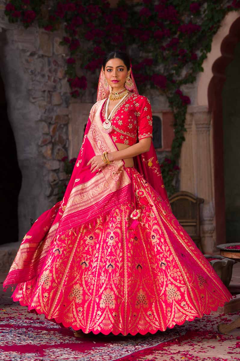 Hot Pink Banarasi Lehenga For Wedding - Main Image