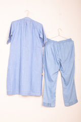 Ice Blue Woven Cotton Kurta Pant Set - Chinaya Banaras
