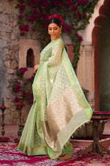 Icegreen Jaal Banarasi Organza Silk Saree - Chinaya Banaras