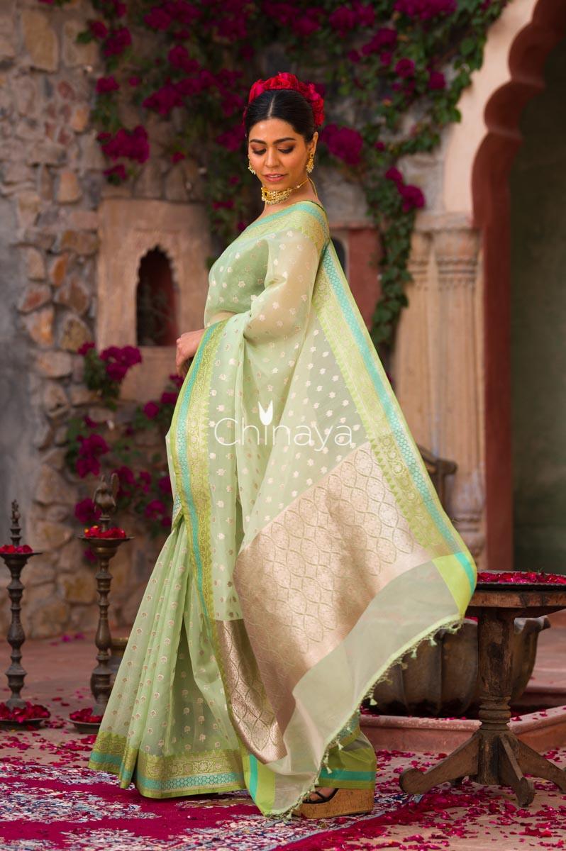 Icegreen Jaal Banarasi Organza Silk Saree - Chinaya Banaras