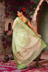 Icegreen Jaal Banarasi Organza Silk Saree - Chinaya Banaras