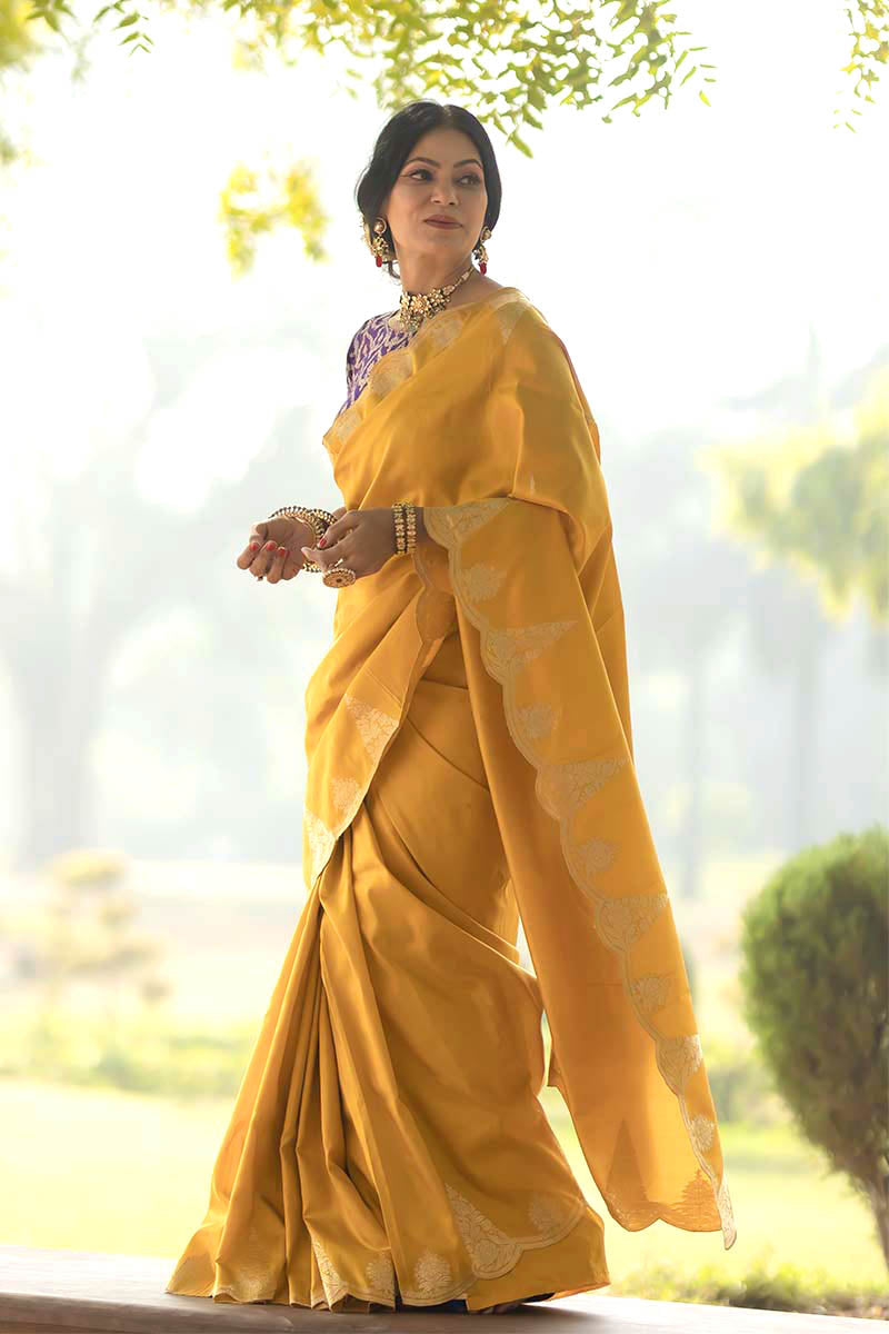 Indian Women Draped Beautifully Mustard Yellow Handwoven Banarasi Silk Saree By Chinaya Banaras 