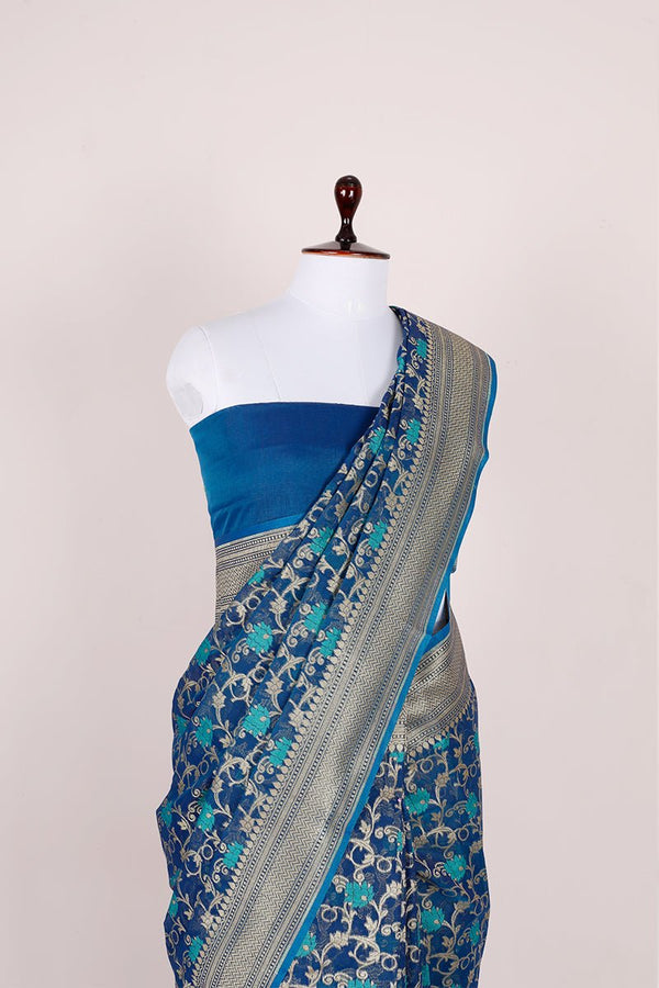 Indigo Blue Woven Banarasi Cotton Saree - Chinaya Banaras
