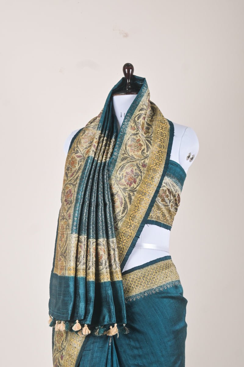 Indigo Handwoven Raw Silk Saree - Chinaya Banaras