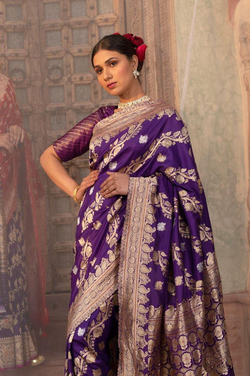 Indigo Wave Purple Handwoven Banarasi Silk Saree - Chinaya Banaras