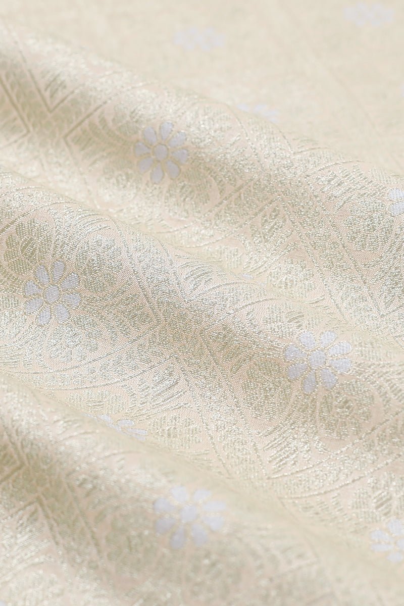 Ivory Geometrical Handwoven Banarasi Silk Fabrics - Chinaya Banaras