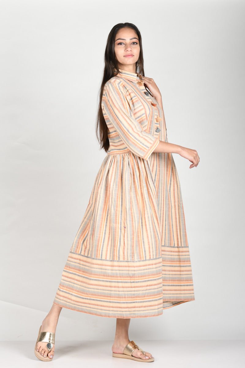 Ivory Stripe Printed Cotton Dress - Chinaya Banaras