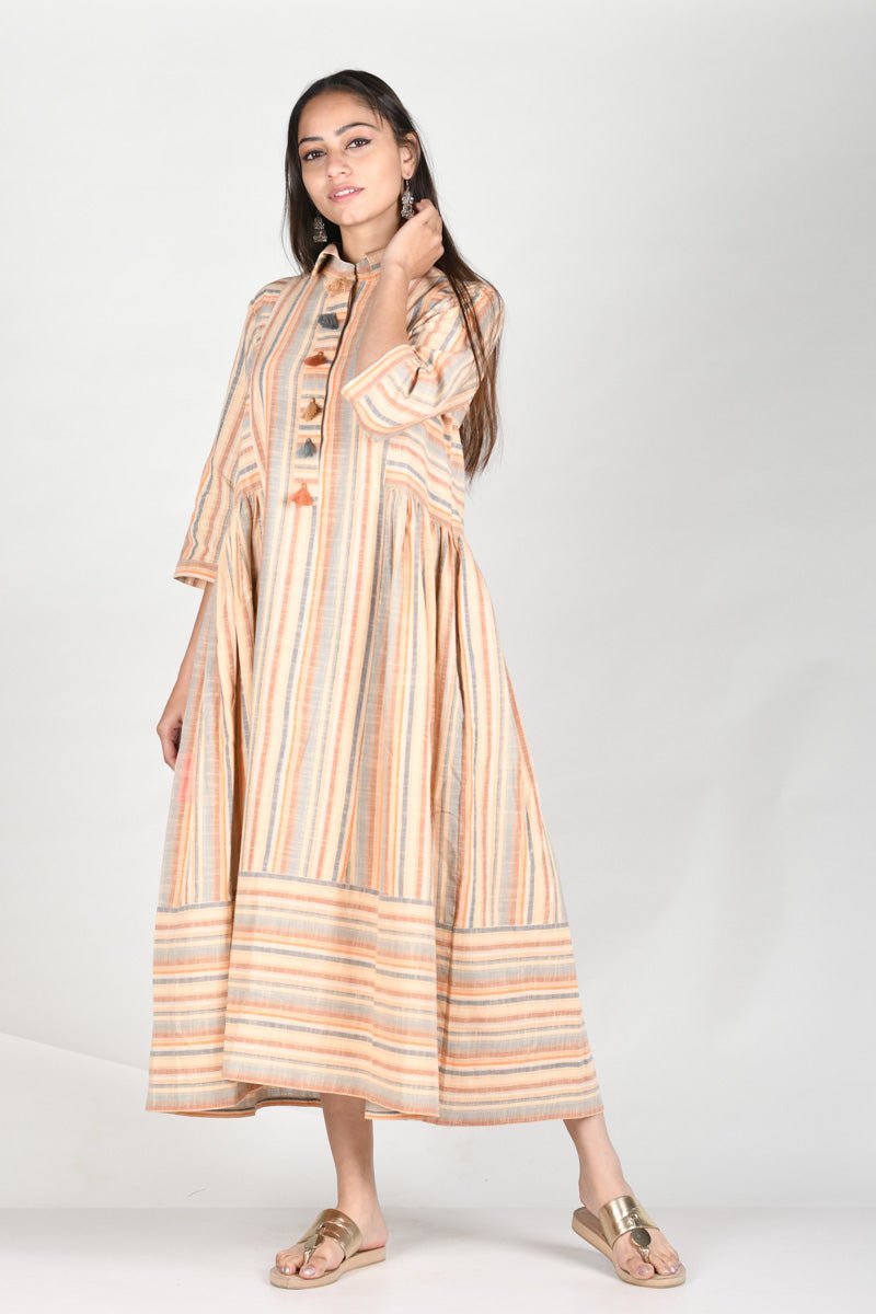 Ivory Stripe Printed Cotton Dress - Chinaya Banaras
