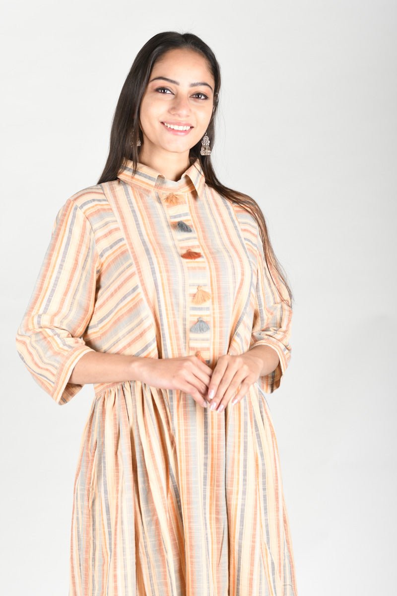 Ivory Stripe Printed Cotton Dress - Chinaya Banaras