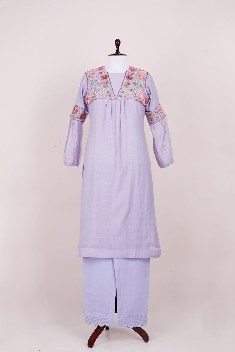 Lavender Embellished Soot Cotton Kurta Set - Chinaya Banaras