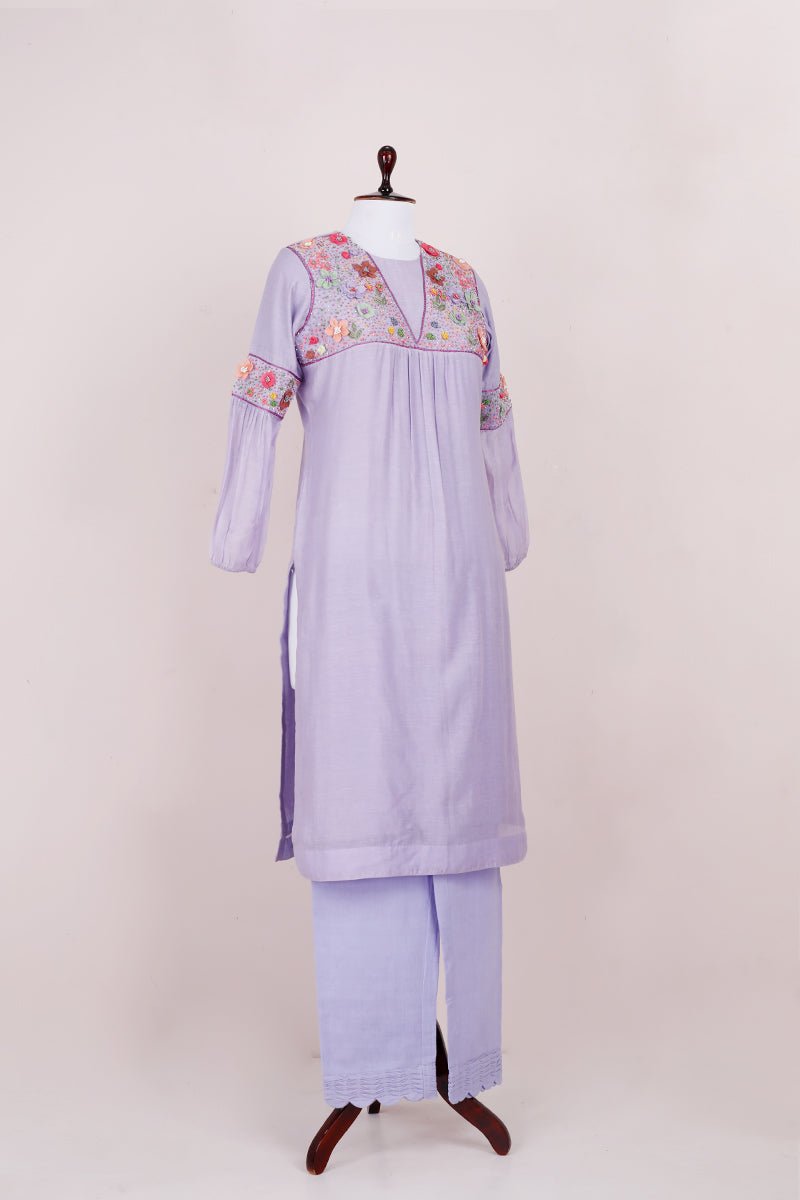 Lavender Embellished Soot Cotton Kurta Set - Chinaya Banaras