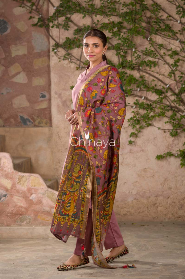 Lavender Fiesta Mauve Kalamkari Printed Chiniya Silk Suit Set - Chinaya Banaras