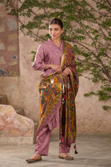 Lavender Fiesta Mauve Kalamkari Printed Chiniya Silk Suit Set - Chinaya Banaras