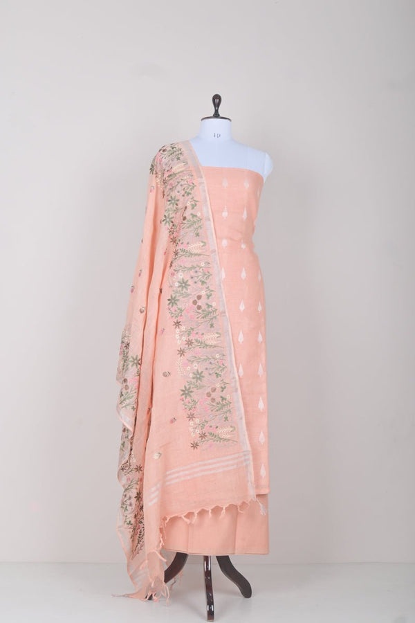 Light Peach Woven Linen Silk Dress Material - Chinaya Banaras