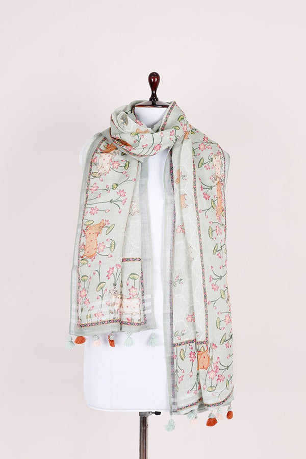 Dupatta, Light Sage Green Dupatta​, Pichwai Dupatta, Dupatta for women, Printed Dupatta, Linen Dupatta​
