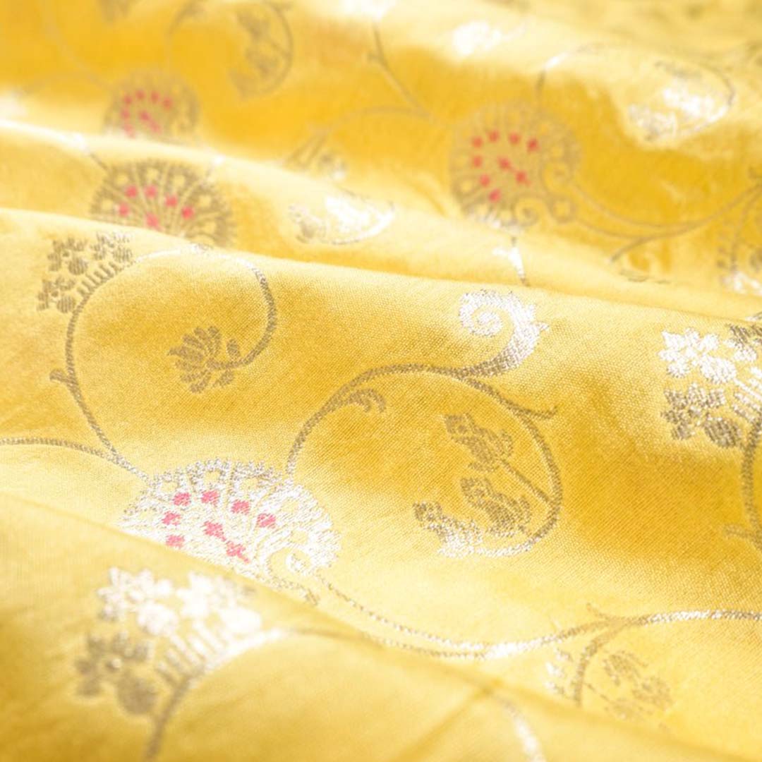 Buy Light Yellow Floral Jaal Handwoven Mulberry Silk Fabric Than