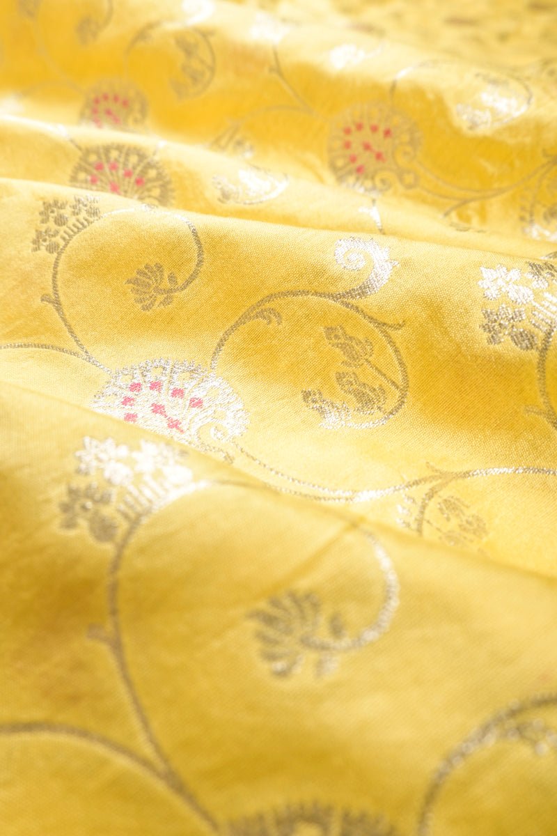Light Yellow Floral Jaal Handwoven Mulberry Silk Fabric - Chinaya Banaras