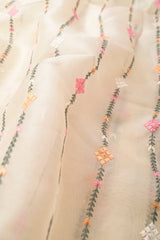 Light Yellow Stripe Embroidered Organza Silk Fabric - Chinaya Banaras