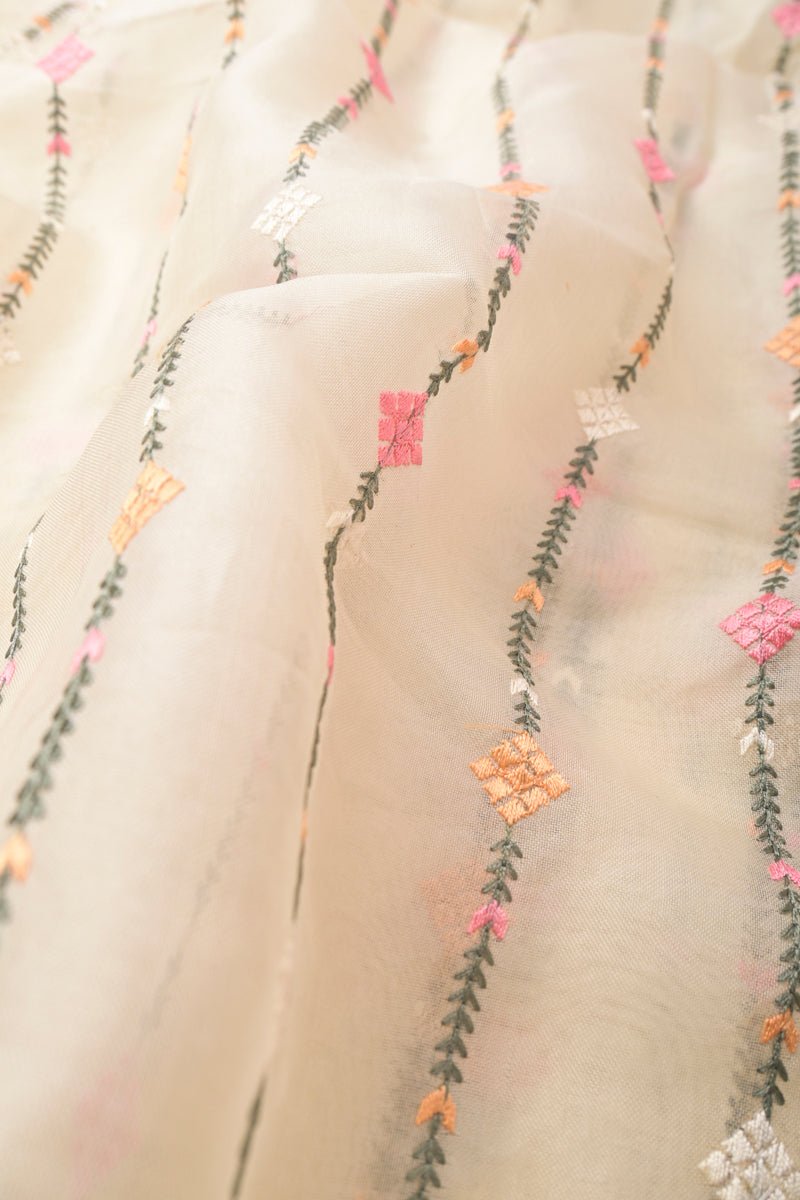 Light Yellow Stripe Embroidered Organza Silk Fabric - Chinaya Banaras