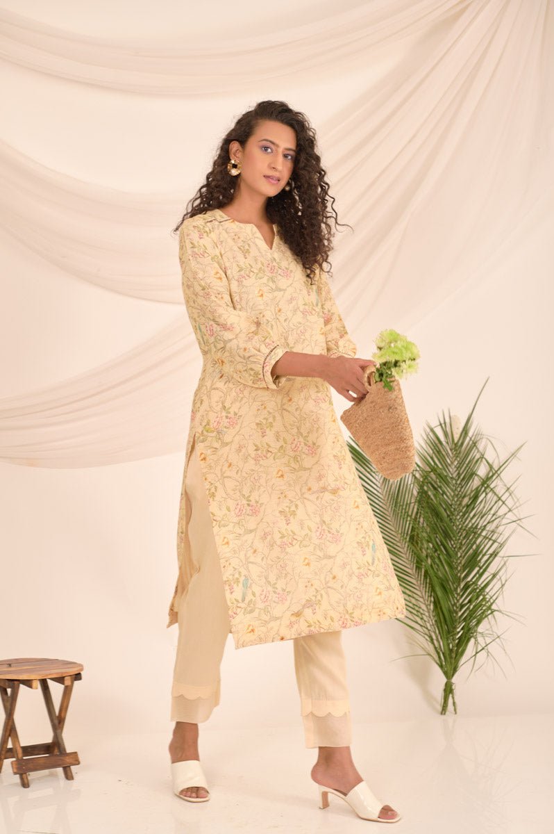 Lime Yellow Floral Printed Linen Kurta Set - Chinaya Banaras