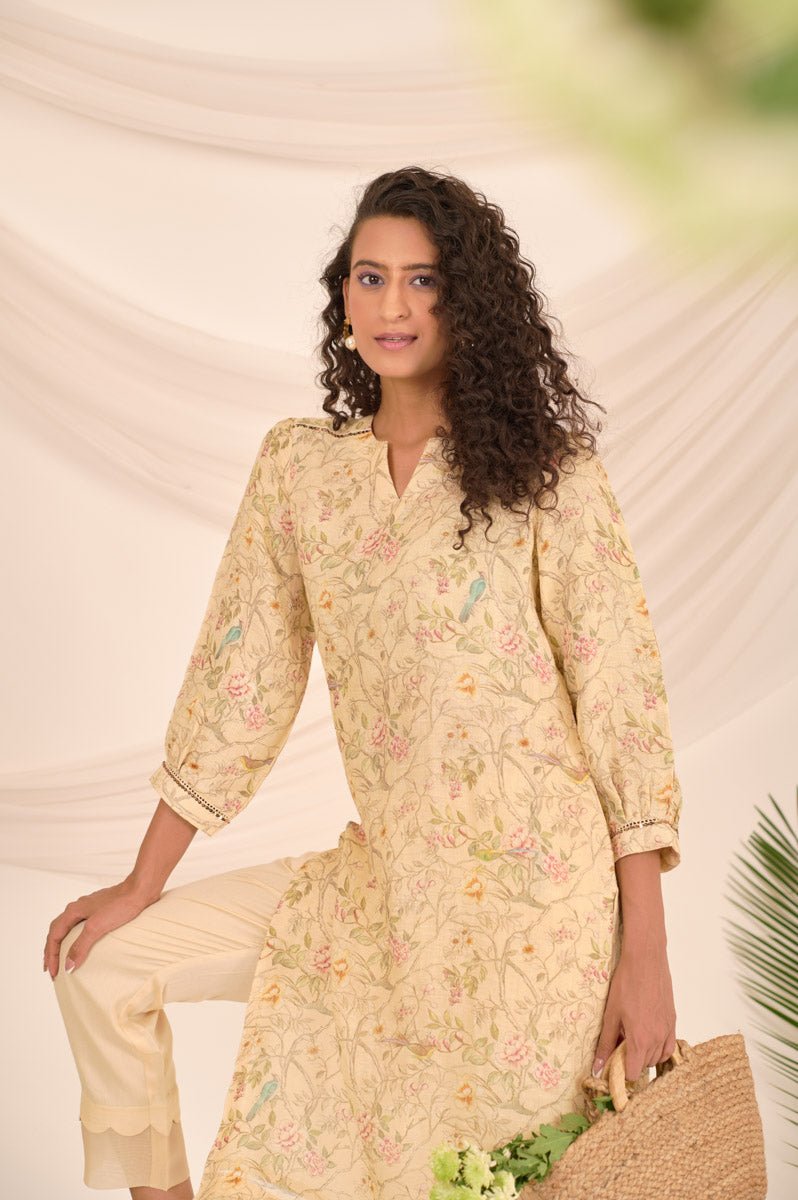 Lime Yellow Floral Printed Linen Kurta Set - Chinaya Banaras