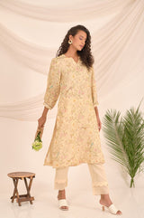 Lime Yellow Floral Printed Linen Kurta Set - Chinaya Banaras