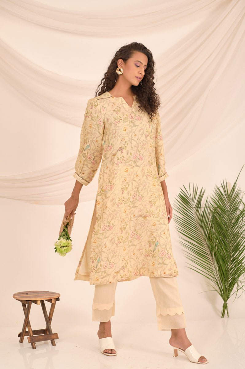 Lime Yellow Floral Printed Linen Kurta Set - Chinaya Banaras