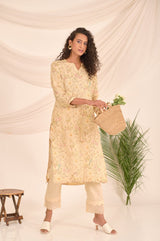 Lime Yellow Floral Printed Linen Kurta Set - Chinaya Banaras