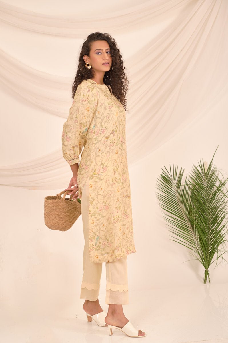 Lime Yellow Floral Printed Linen Kurta Set - Chinaya Banaras
