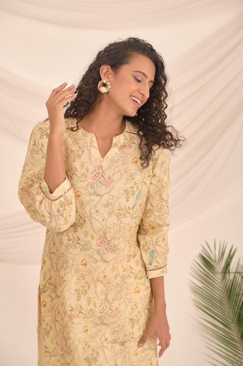 Lime Yellow Floral Printed Linen Kurta Set - Chinaya Banaras