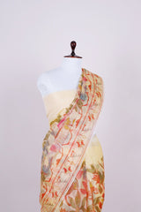 Lime Yellow Pitta Zari Embellished Organza Silk Saree - Chinaya Banaras