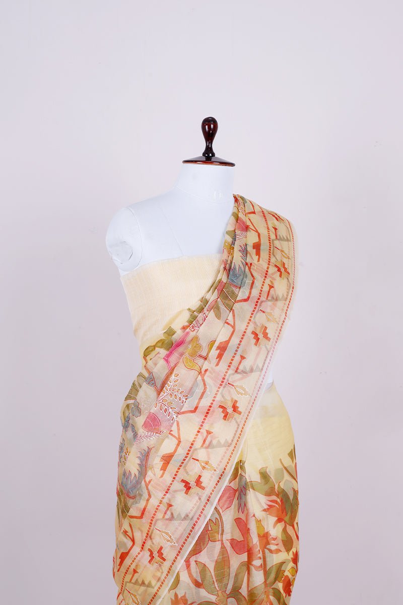 Lime Yellow Pitta Zari Embellished Organza Silk Saree - Chinaya Banaras