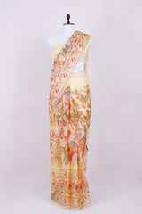 Lime Yellow Pitta Zari Embellished Organza Silk Saree - Chinaya Banaras