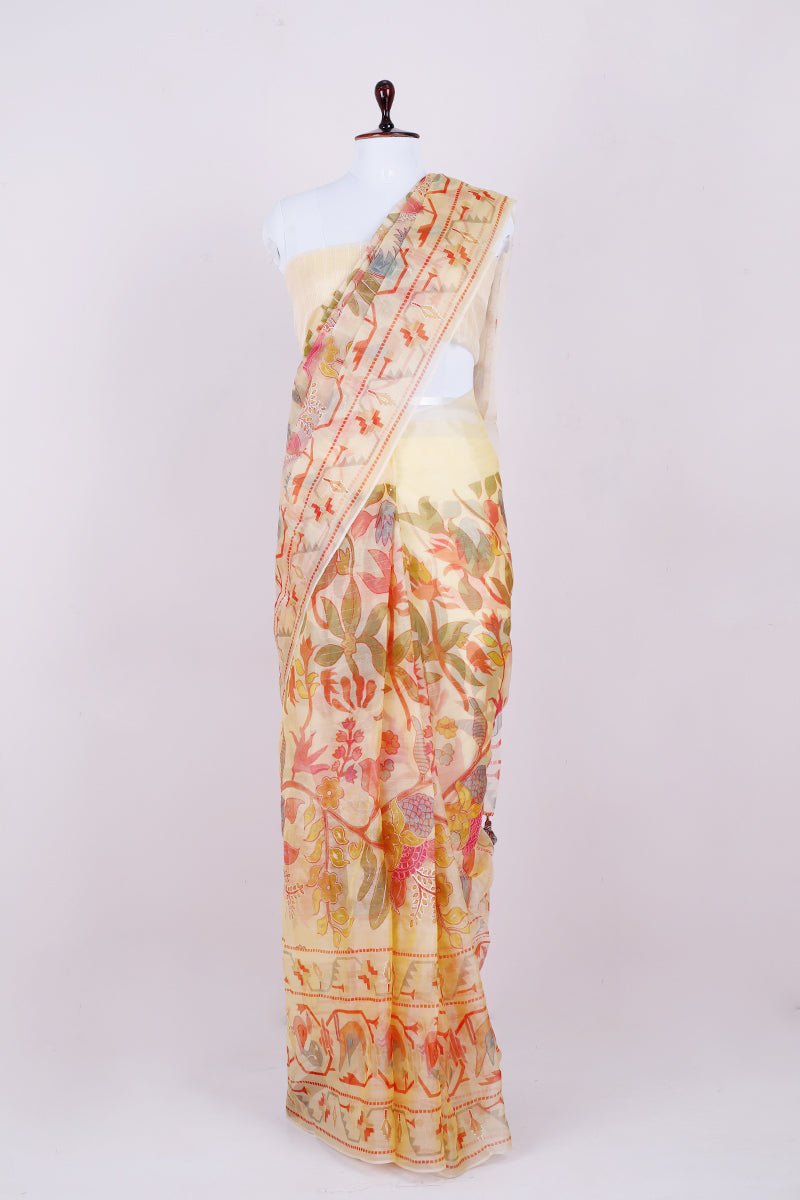Lime Yellow Pitta Zari Embellished Organza Silk Saree - Chinaya Banaras